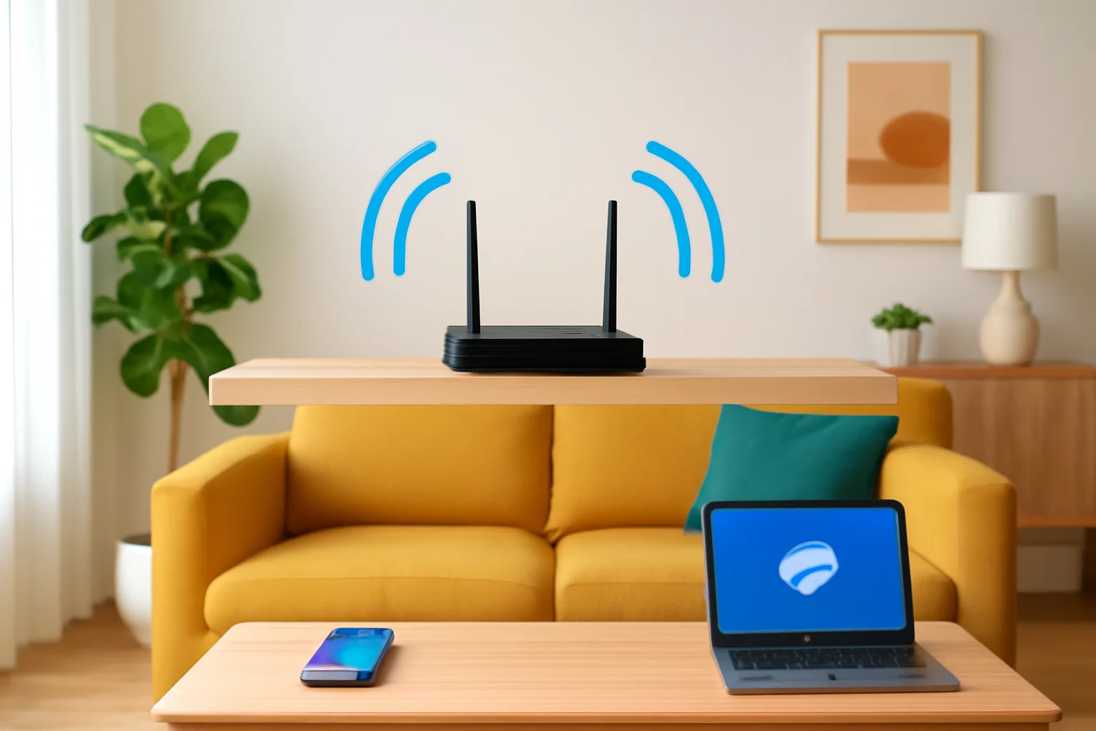 Imagem de sala bem iluminada com roteador central e dispositivos conectados, simbolizando melhorar sua internet em casa.