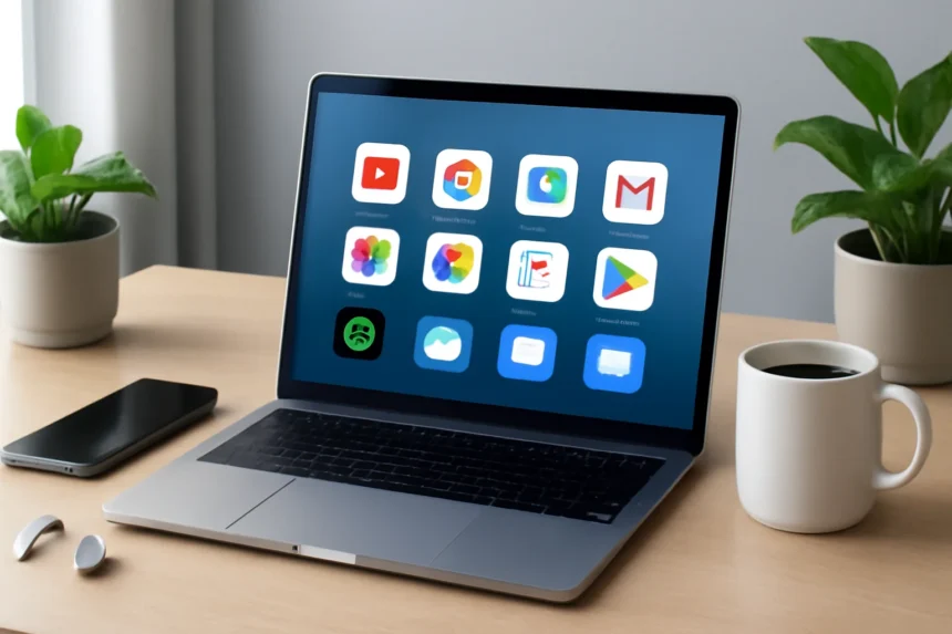 Imagem de uma mesa de trabalho moderna com laptop exibindo aplicativos populares, gadgets e iluminação suave de manhã, transmitindo produtividade