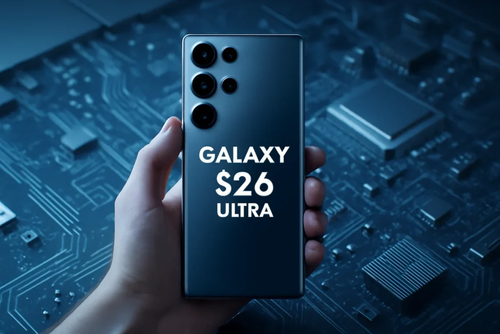 Como o Galaxy S26 Ultra: Snapdragon supera Exynos em teste inicial; confira os números 2 Mão segurando como Galaxy S26 Ultra em mesa moderna com fundo de circuitos, em cores frias de azul e prata