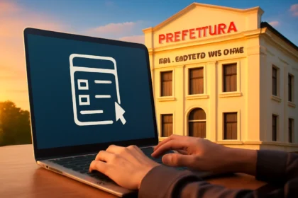 Pessoa usando notebook na frente da prefeitura de São José das Missões para o concurso RS