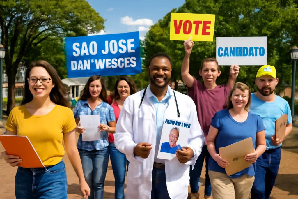 Concurso São José das Missões RS oferece 65 vagas com salários de até R$ 11.342; inscrições abertas até março 2 Imagem do concurso São José das Missões com pessoas de várias profissões segurando documentos e cartazes na praça