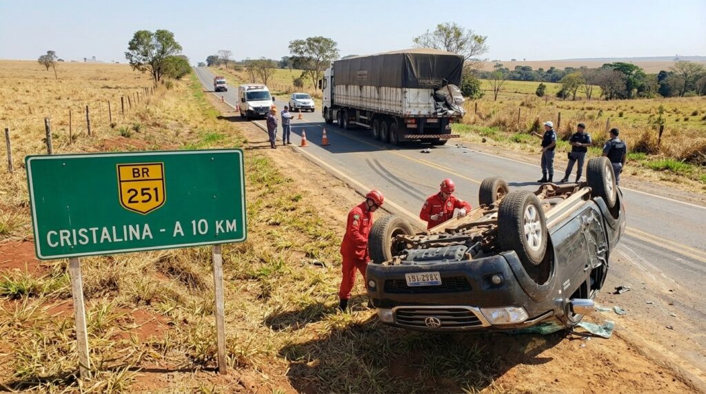 Acidente na BR 251: Camionhete Atinge Traseira de Carreta e Capota Próximo a Cristalina