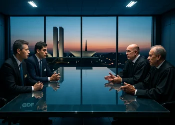 Cena de uma sala de conferência moderna com representantes do GDF e STF discutindo, com skyline de Brasília ao fundo.