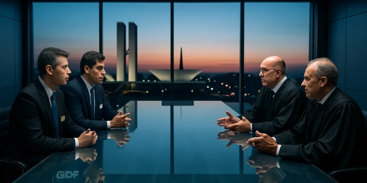 Cena de uma sala de conferência moderna com representantes do GDF e STF discutindo, com skyline de Brasília ao fundo.