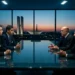 Cena de uma sala de conferência moderna com representantes do GDF e STF discutindo, com skyline de Brasília ao fundo.