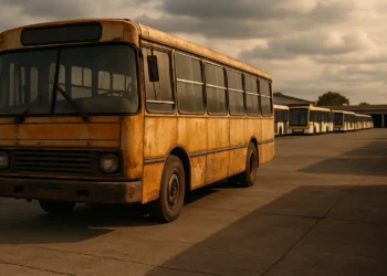 Cena com ônibus antigo da Viação Marechal em pátio de Brasília, simbolizando passado e renovação necessária