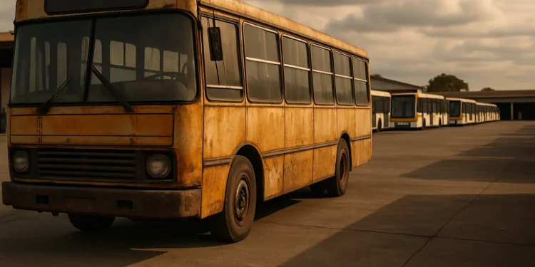 Cena com ônibus antigo da Viação Marechal em pátio de Brasília, simbolizando passado e renovação necessária